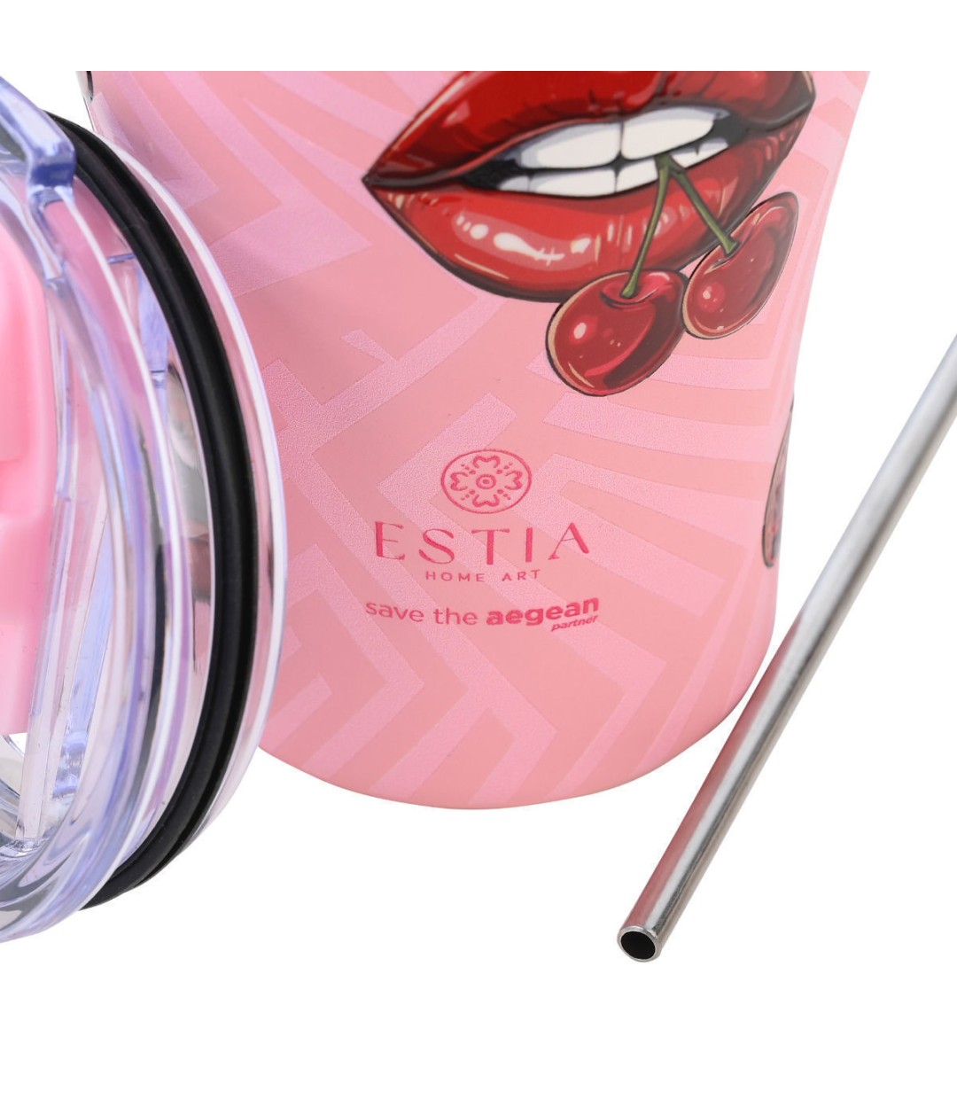 Estia Coffee Mug Save The Aegean Ποτήρι Θερμός Ανοξείδωτο BPA Free 350ml Blush Pop με Καλαμάκι