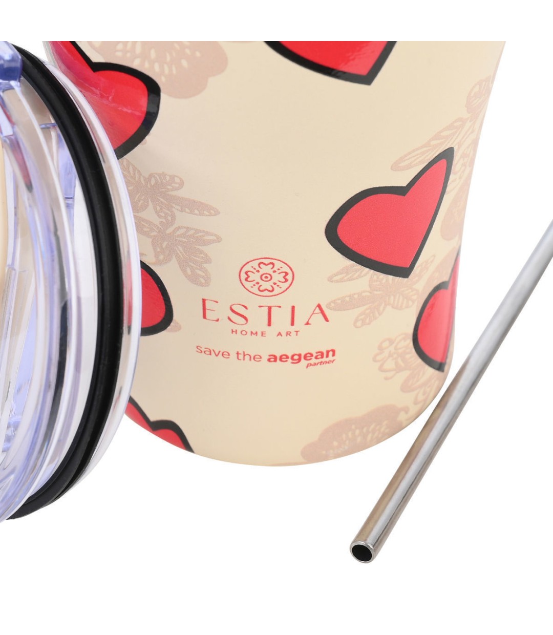 Estia Coffee Mug Save The Aegean Ανακυκλώσιμο Ποτήρι Θερμός Ανοξείδωτο BPA Free 350ml Tender Lace με Καλαμάκι