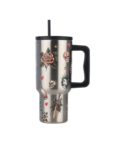 Estia Straw Tumbler XL Save the Aegean Ανακυκλώσιμο Handled Tumbler Θερμός Ανοξείδωτο BPA Free 900ml OLD SCHOOL INK με Καλαμάκι και Λαβή