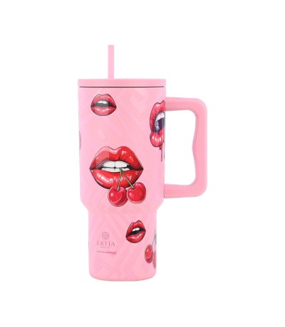 Estia Straw Tumbler XL Save The Aegean  Θερμός Ανοξείδωτο BPA Free 900ml Blush Pop με Καλαμάκι και Λαβή
