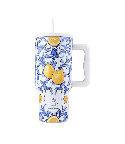 Estia Straw Tumbler XL Save the Aegean Θερμός Ανοξείδωτο BPA Free 900ml AMALFI COAST με Καλαμάκι και Λαβή