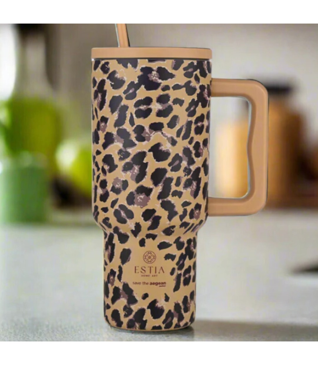 Estia Straw Tumbler XL Save the Aegean Θερμός Ανοξείδωτο BPA Free 900ml SPOTTED PROWL με Καλαμάκι και Λαβή