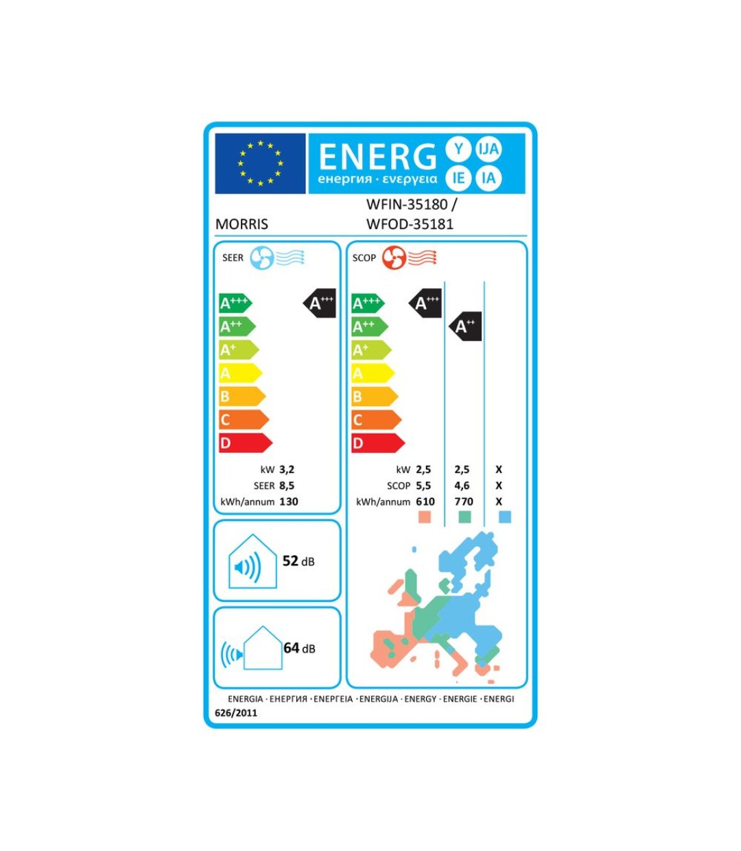 Morris WFIN-35180 Κλιματιστικό Inverter 12000 BTU A+++/A+++ με Ιονιστή και Wi-Fi