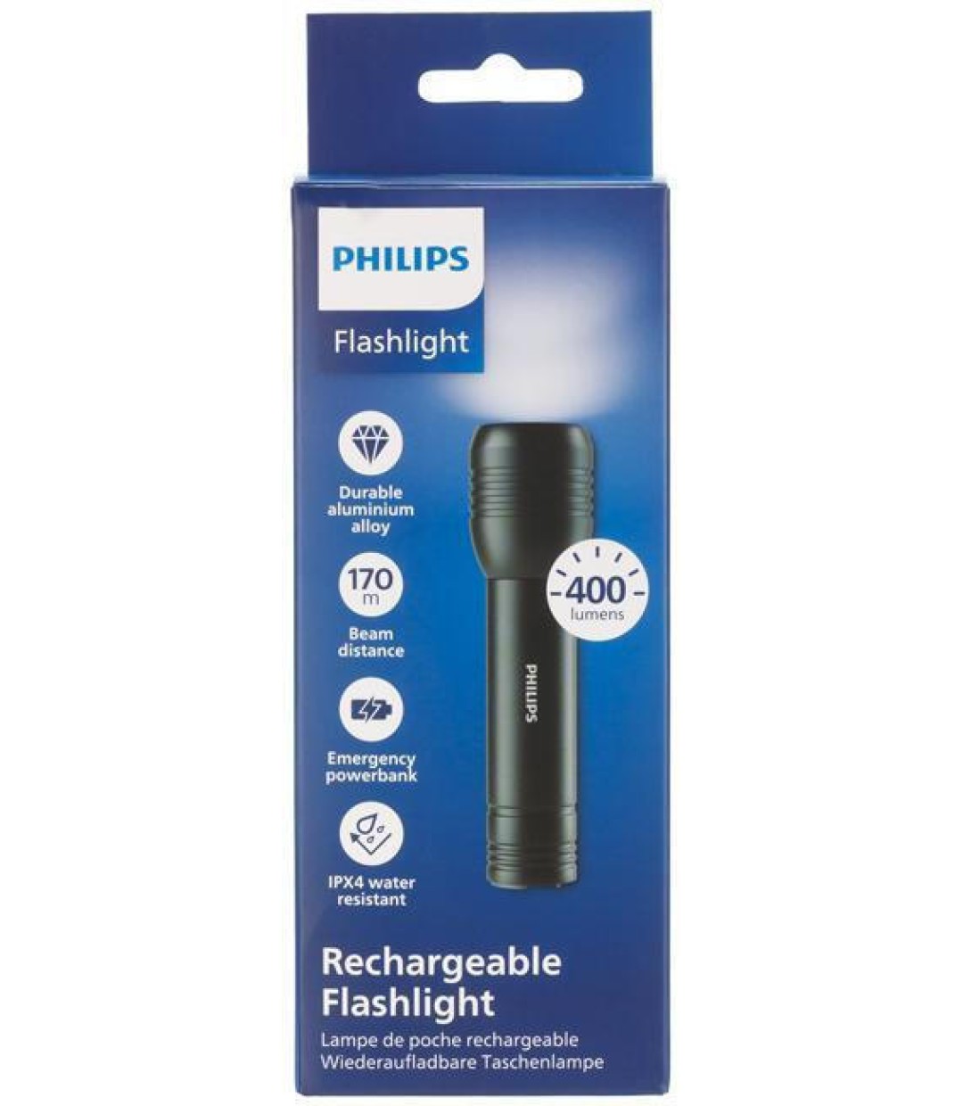 Philips Επαναφορτιζόμενος Φακός LED IPX4 με Μέγιστη Φωτεινότητα 400lm SFL 7003 R/GRS